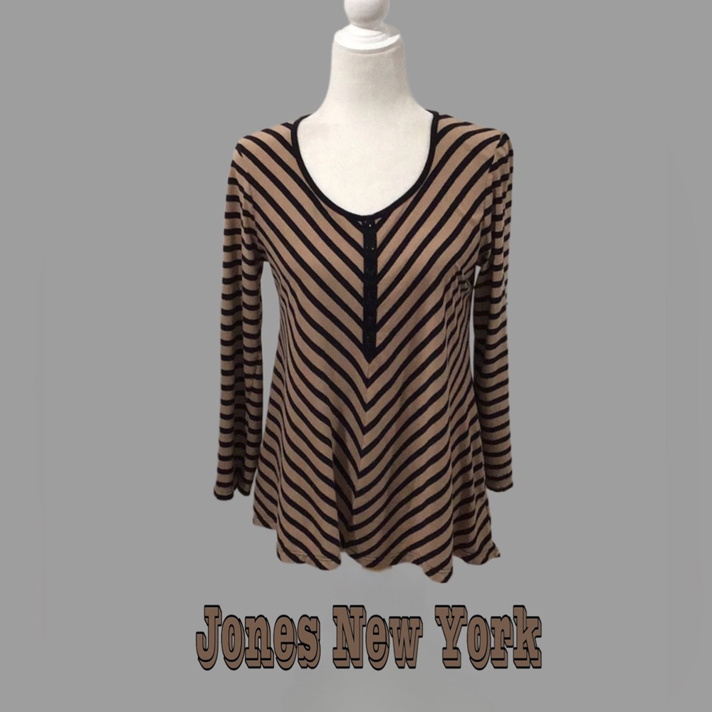 JONES NEW YORK Signature Striped Brown & Black Swing Tunic Top, Size Medium
